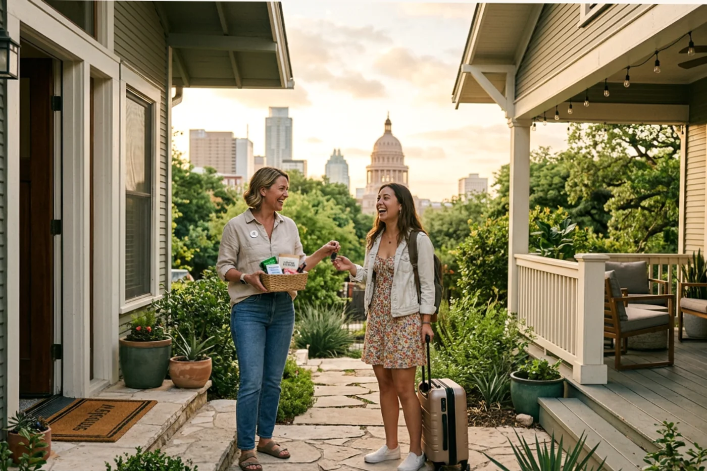 Austin host and guest using accept direct bookings workflow with Texas State Capitol in the background