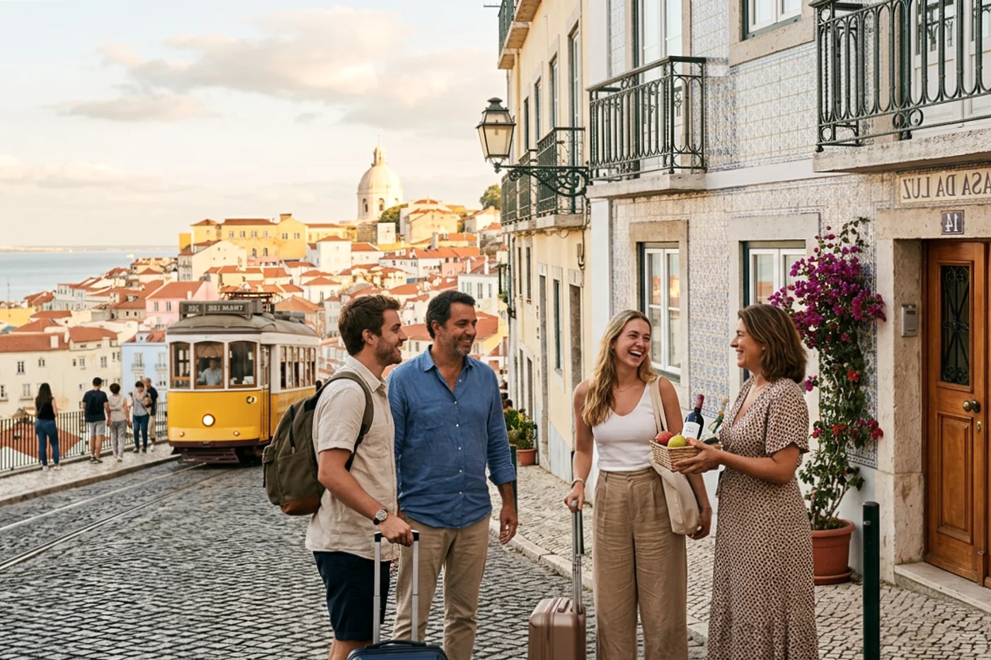 Lisbon host and guest using accept direct bookings workflow with Tram 28 and Alfama viewpoints in the background