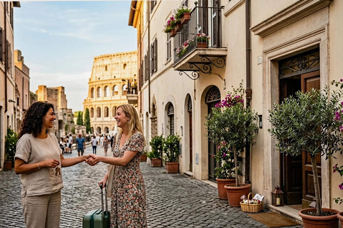 Rome host and guest using accept direct bookings workflow with Colosseum and Roman streets in the background