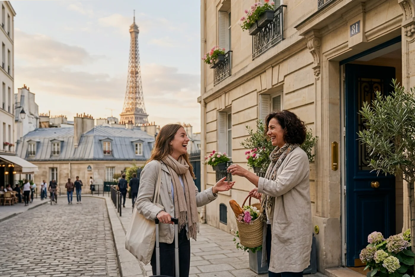 Paris host and guest using ai receptionist software workflow with Eiffel Tower and Parisian rooftops in the background