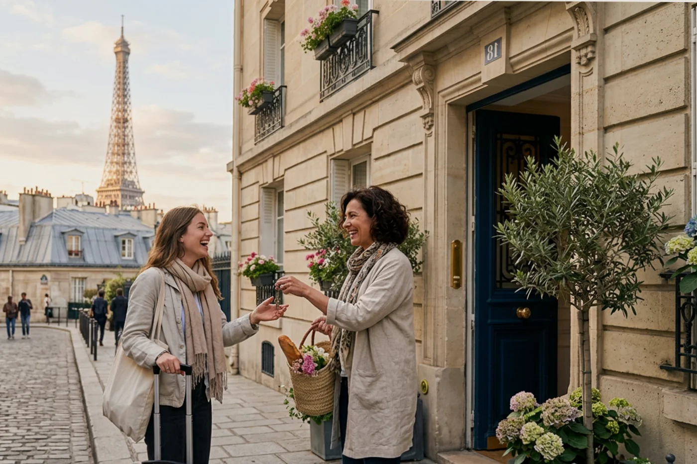 Paris host and guest using airbnb check in message workflow with Eiffel Tower and Parisian rooftops in the background