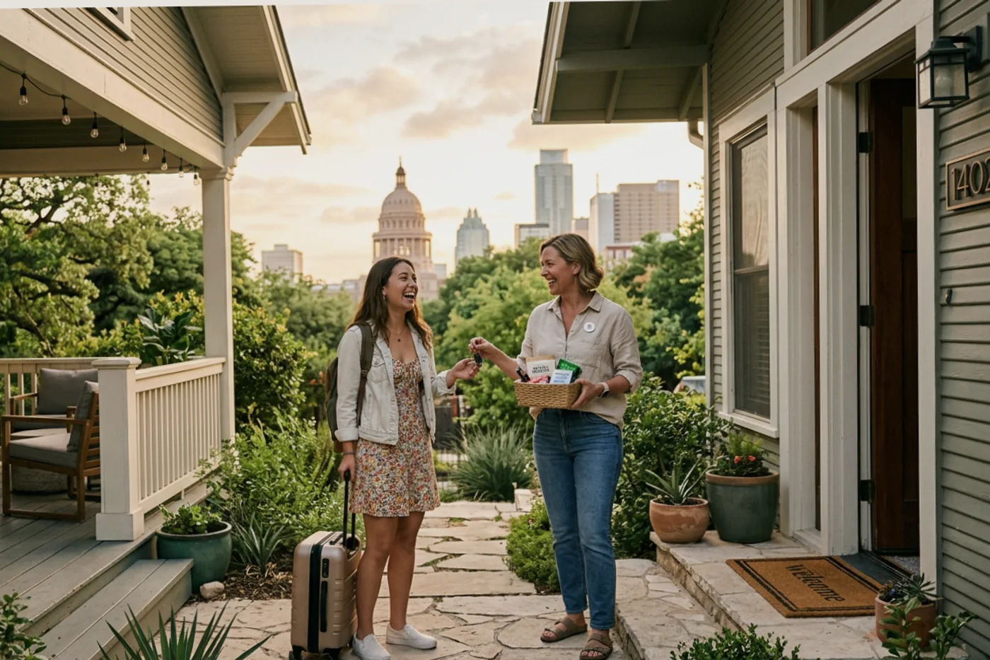 Austin host and guest using airbnb guest guide workflow with Texas State Capitol in the background
