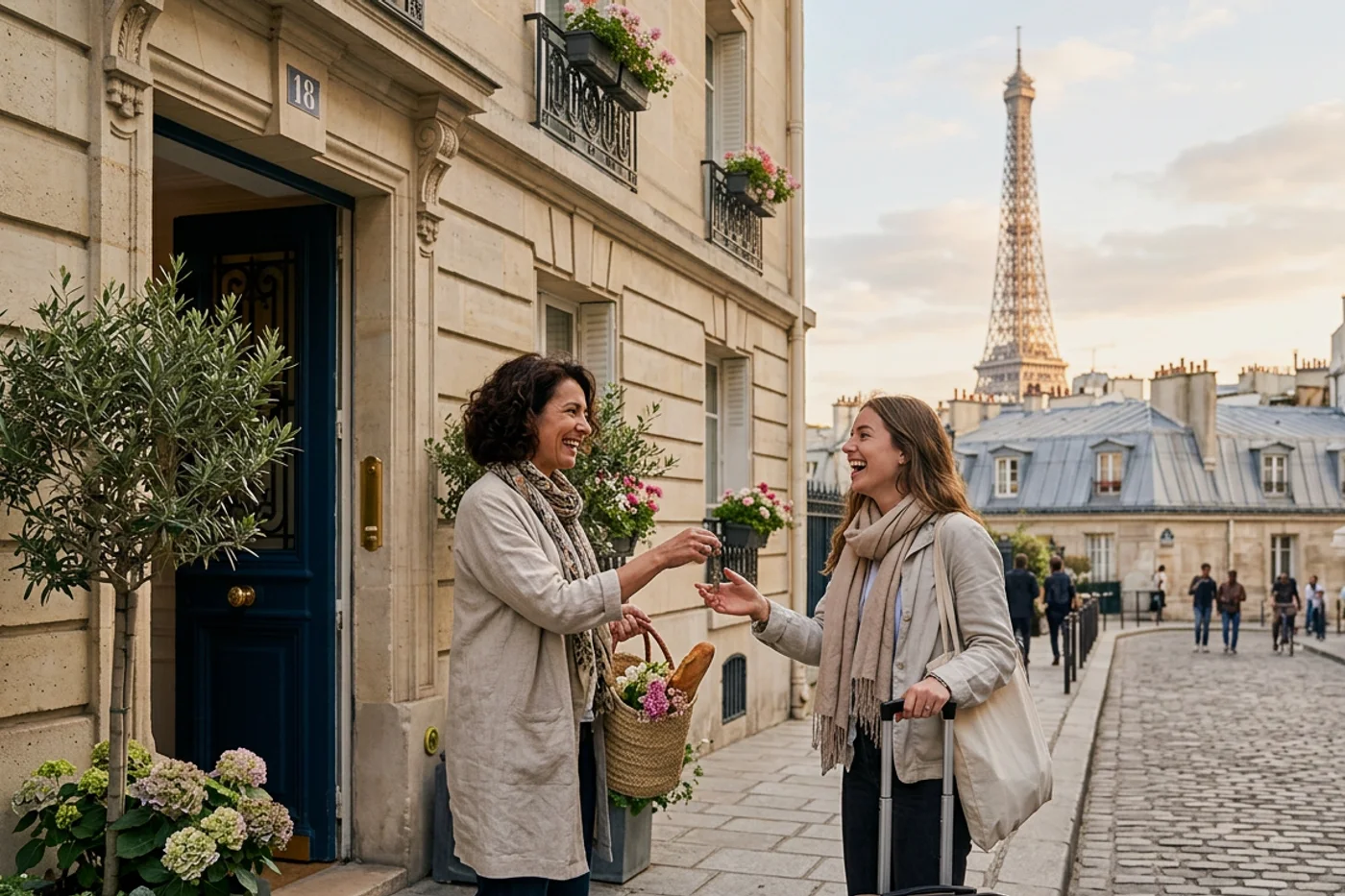Paris host and guest using airbnb guest guide workflow with Eiffel Tower and Parisian rooftops in the background