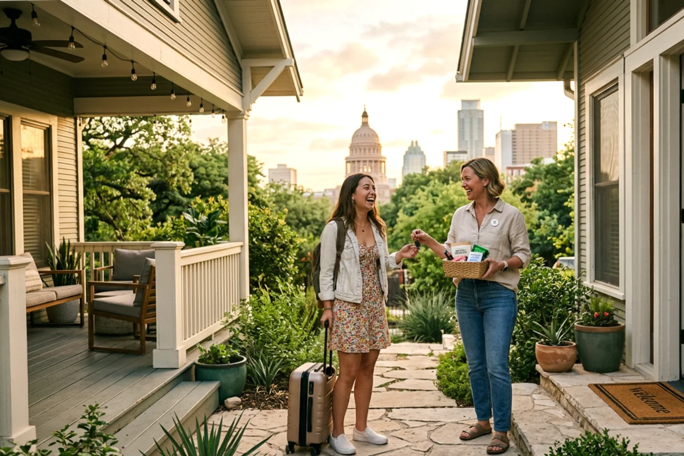 Austin host and guest using airbnb pricing tool workflow with Texas State Capitol in the background