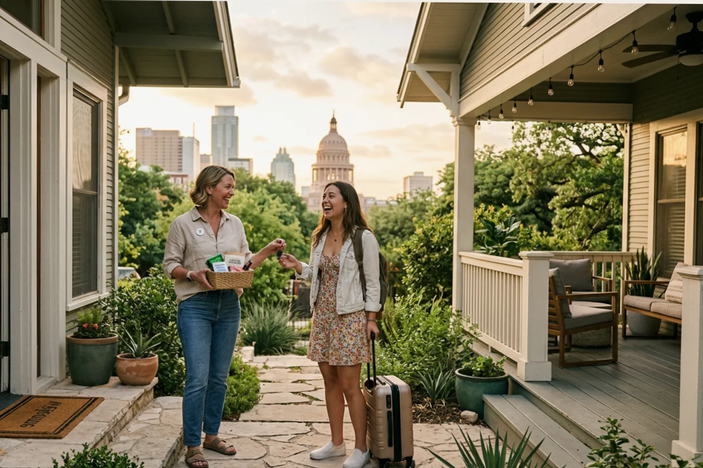 Austin host and guest using airbnb welcome book template workflow with Texas State Capitol in the background