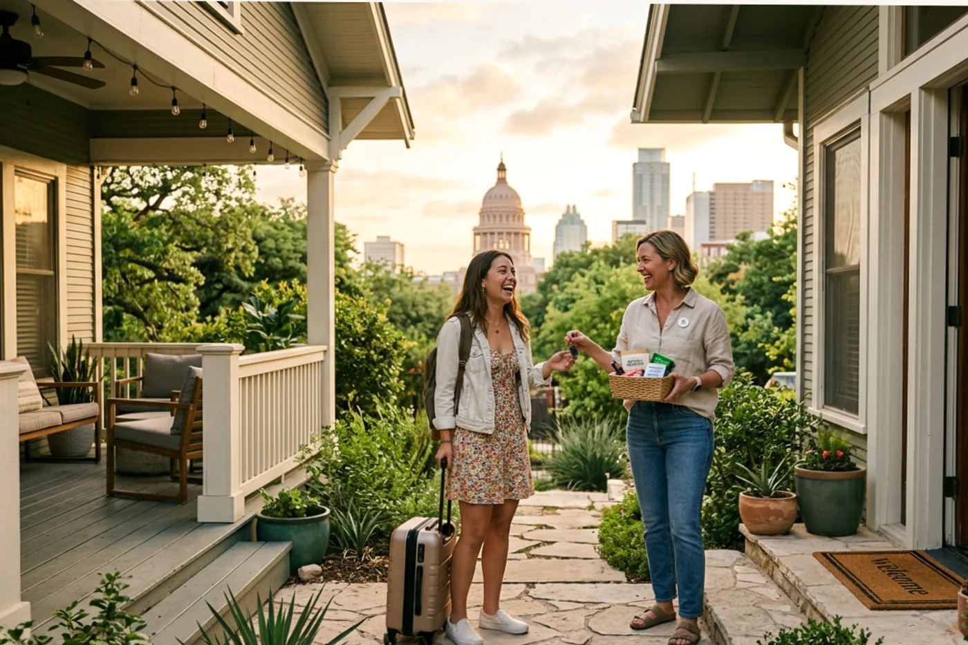 Austin host and guest using direct booking website airbnb workflow with Texas State Capitol in the background