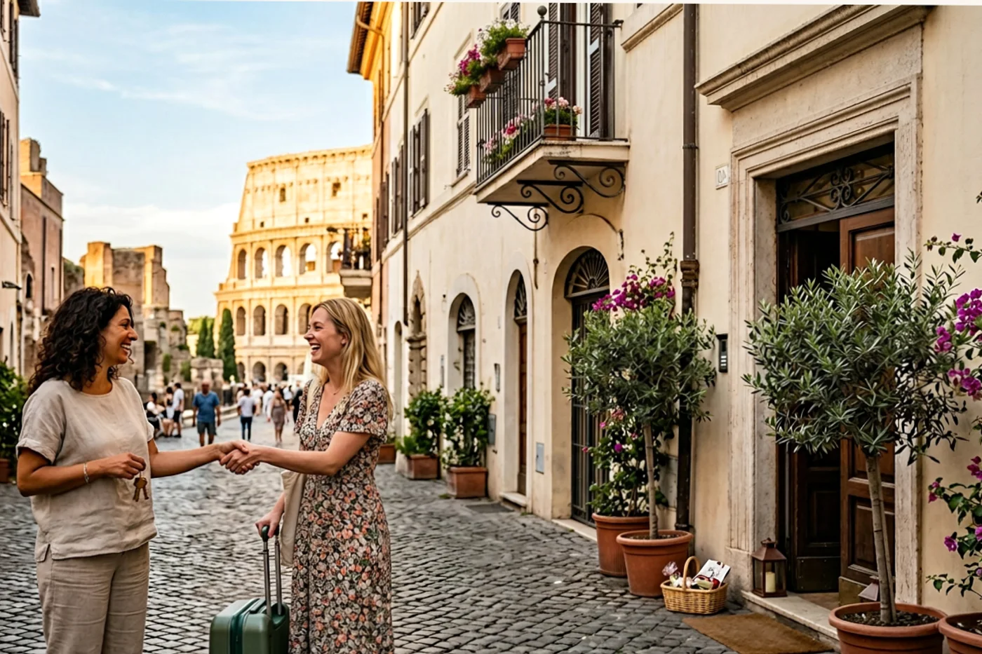 Rome host and guest using direct booking website airbnb workflow with Colosseum and Roman streets in the background