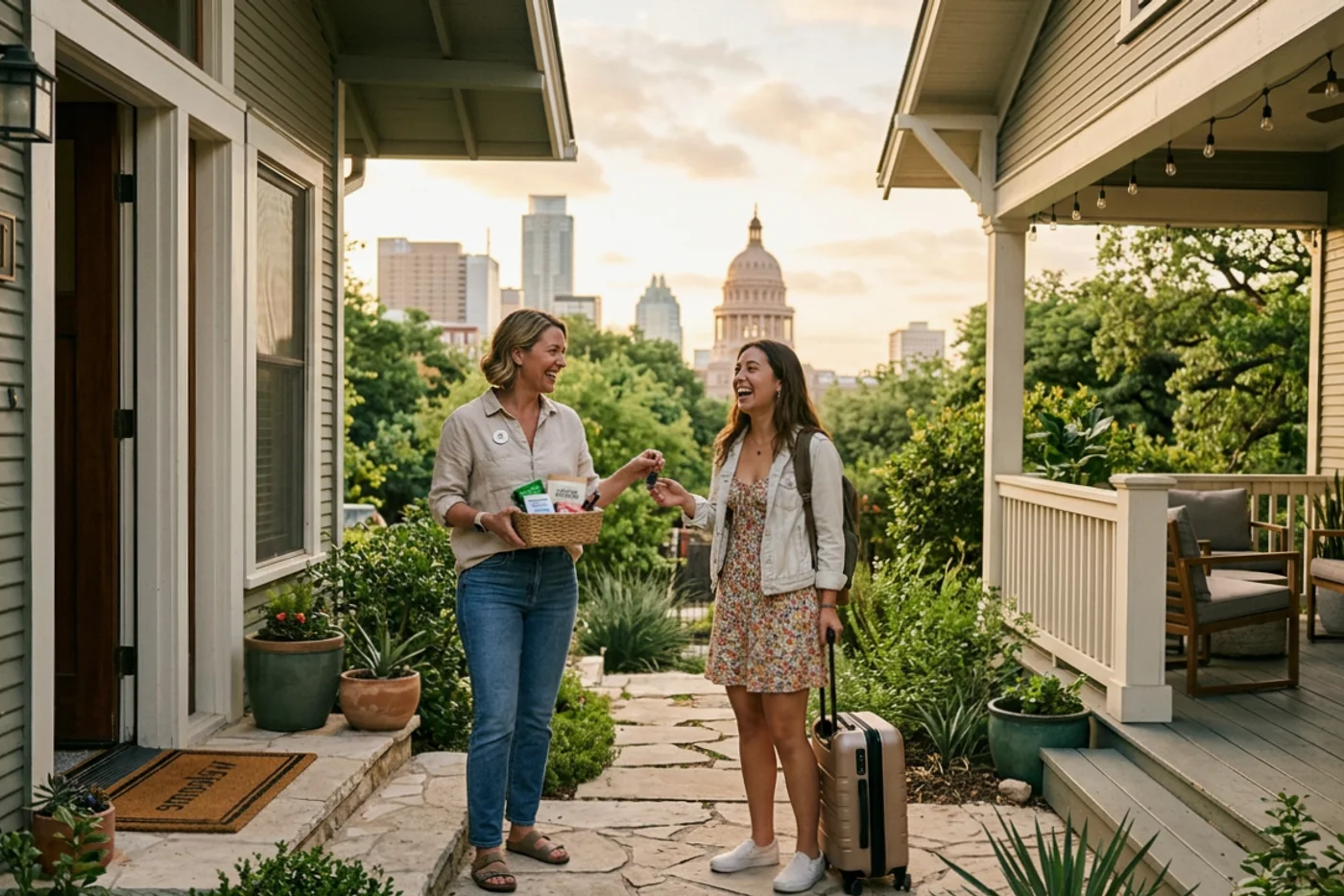 Austin host and guest using import airbnb listings workflow with Texas State Capitol in the background