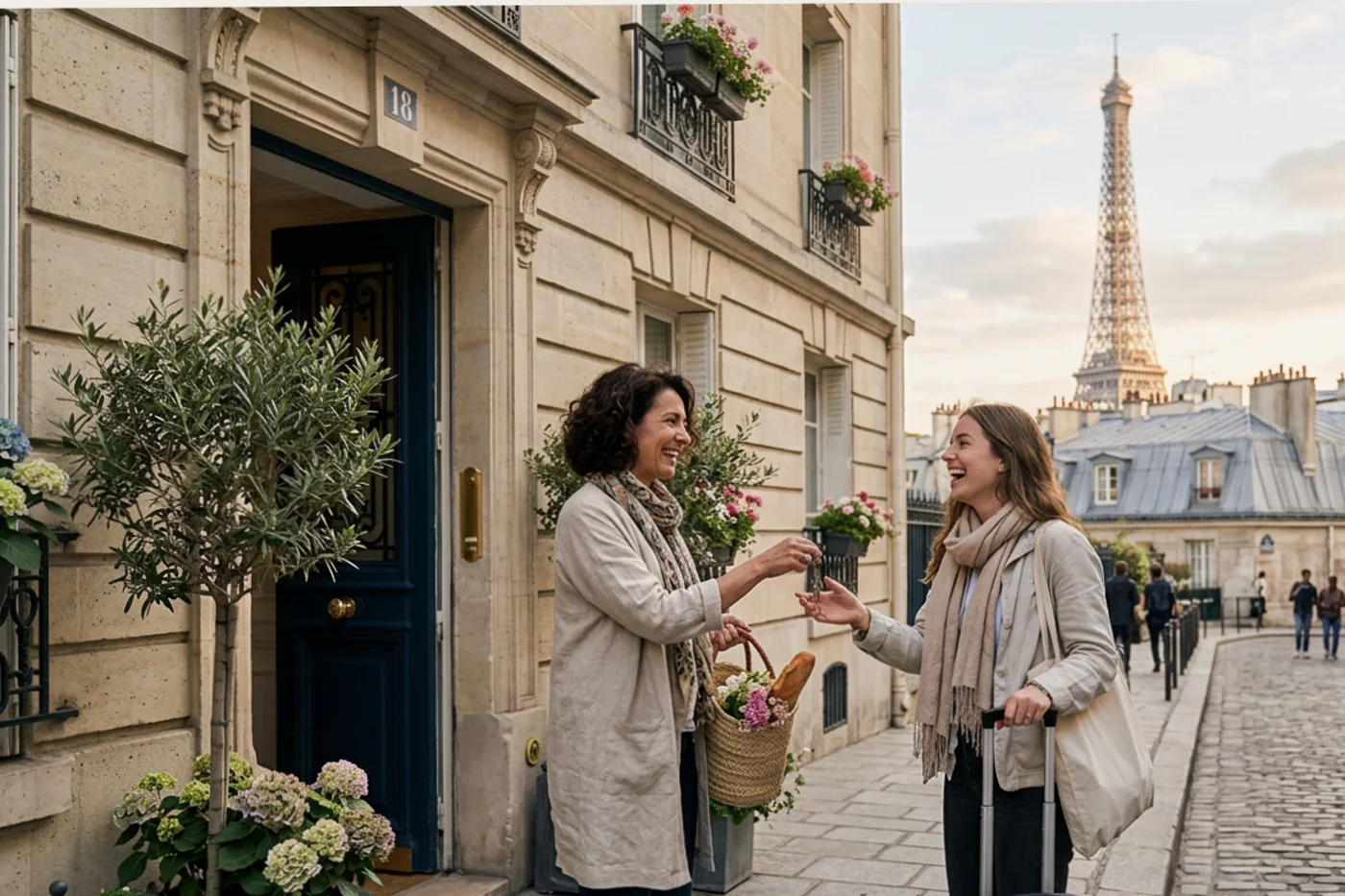 Paris host and guest using manage reservations airbnb workflow with Eiffel Tower and Parisian rooftops in the background