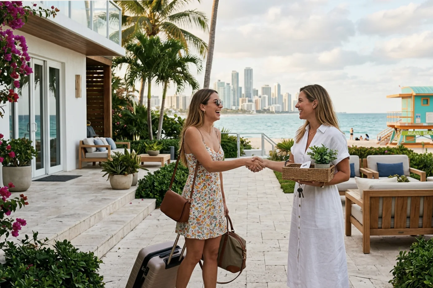 Miami host and guest using organize cleaning airbnb workflow with Miami Beach lifeguard towers in the background